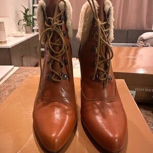 Ellen Tracy Tan Lace-Up Boots with Fur Trim